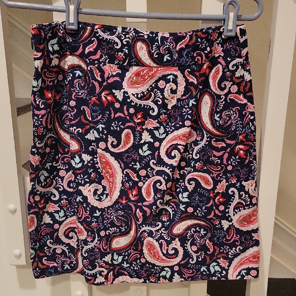 Talbots Navy Paisley Print Mini Skirt with Pink and Coral Accents